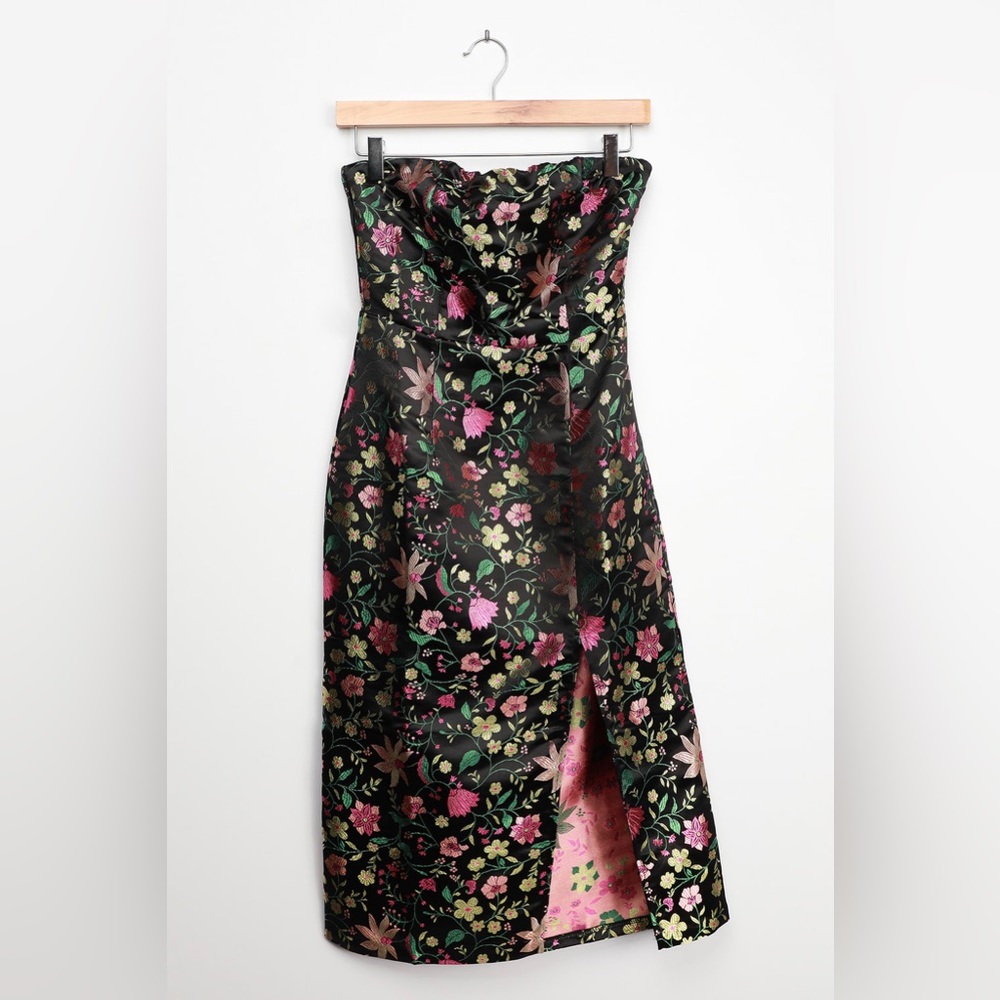 Lulus Make a Move Black Satin Floral Jacquard Strapless Midi Dress NWT - Picture 5 of 9
